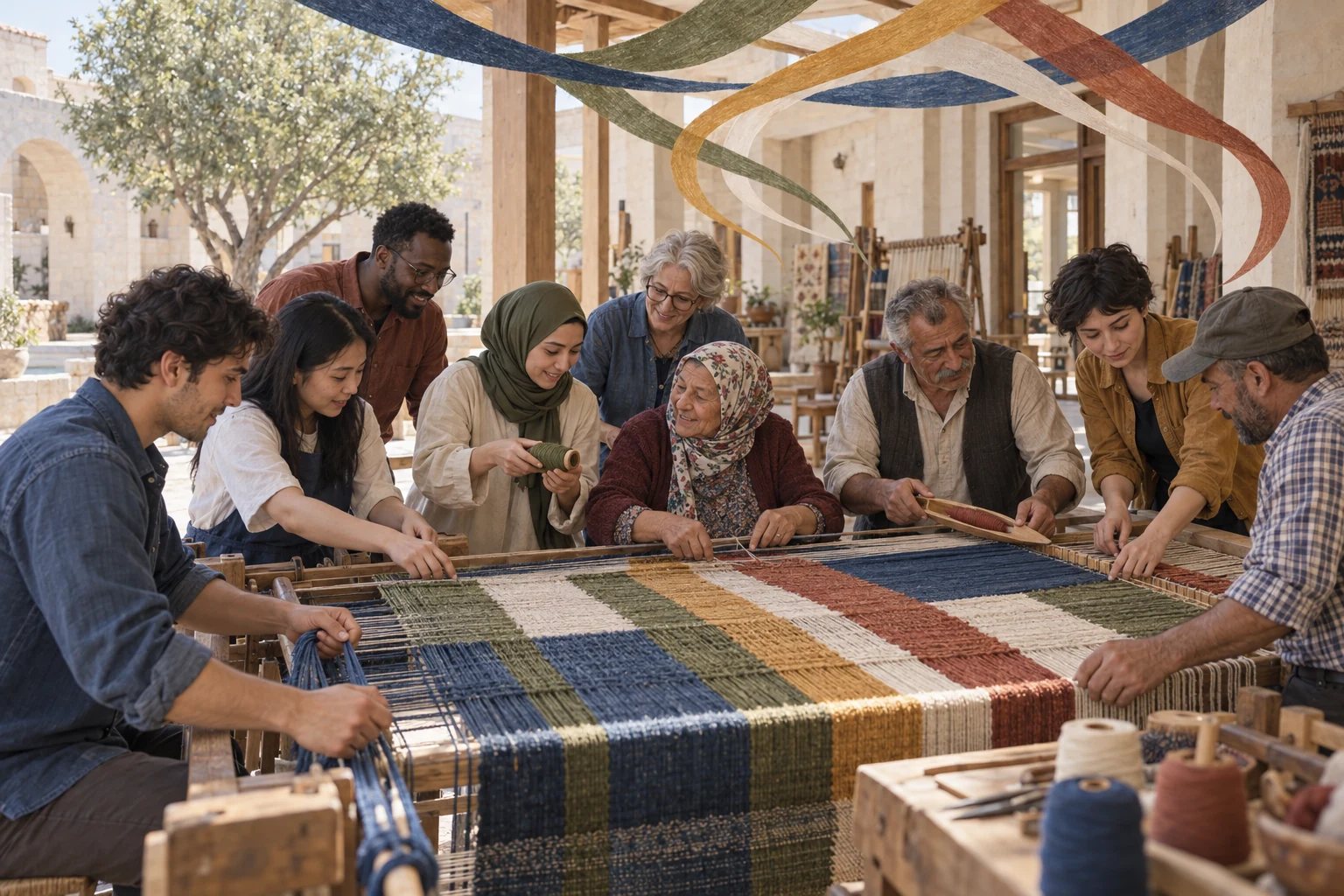 Farklı kuşaklardan ve yaşam biçimlerinden dokuz kişinin, renklerini koruyan iplerle aynı dokumayı birlikte tamamladığı kavramsal sahne