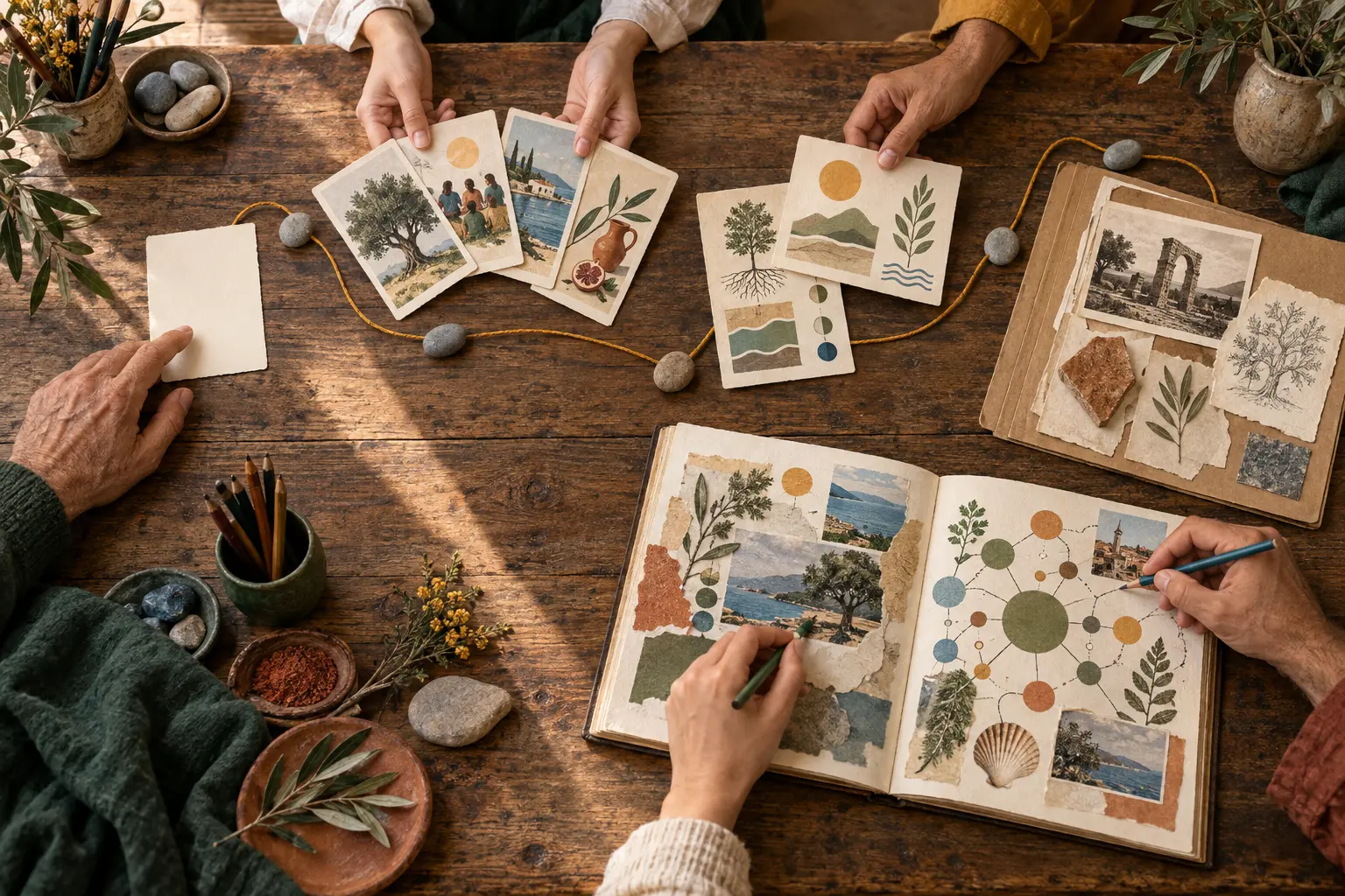 Ellerin, bitki çizimleri ve notlarla ortak bir öğrenme masasına katkı sunması