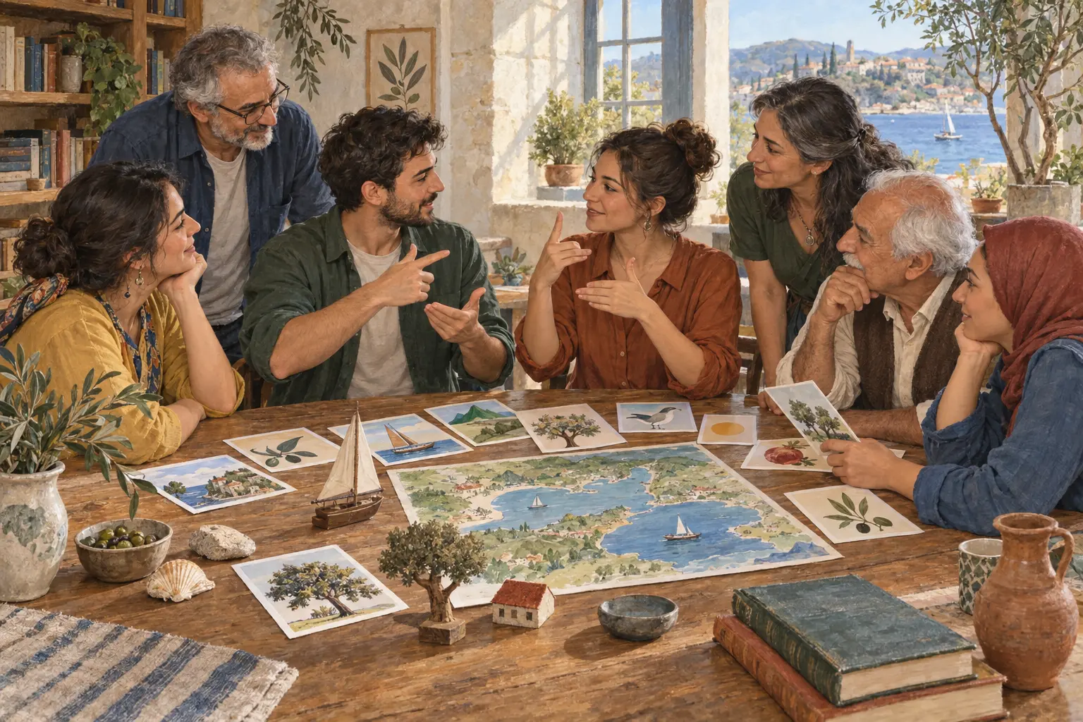 Yedi yetişkin, resimli kartlar ve bir harita bulunan masa çevresinde birlikte öğreniyor. İki kişi el hareketleriyle birbirine anlatıyor; temsili illüstrasyon.