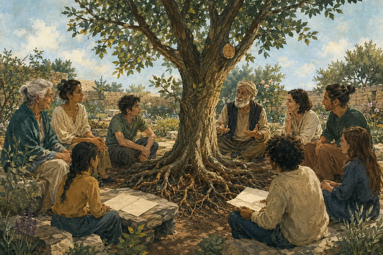 Büyük bir ağacın kökleri çevresinde farklı kuşakların birbirini dinleyerek ortak hafıza kurduğu kavramsal ObaNova sahnesi