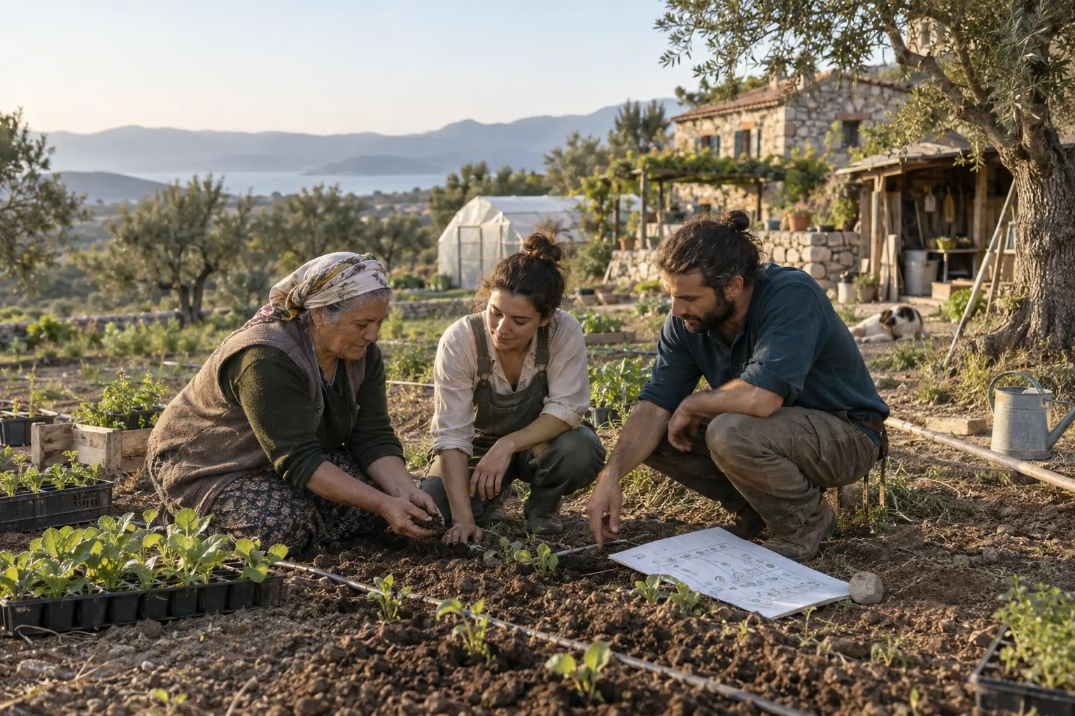Bir zeytinliğin kıyısında toprağı, fideleri ve ekim planını birlikte inceleyen üç çiftçi