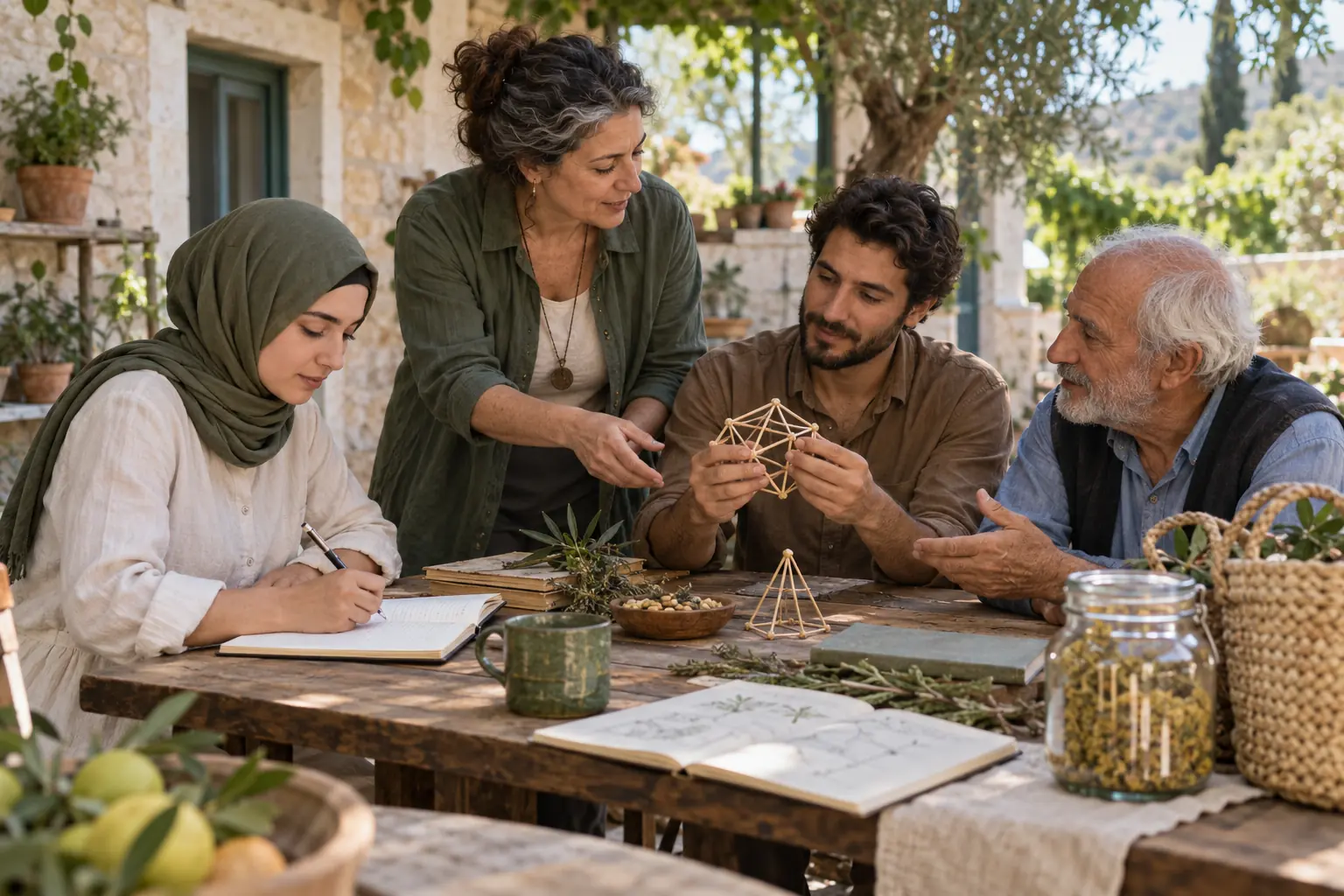 Farklı kuşaklardan yetişkinlerin uygulamalı bir eğitim masasında birlikte öğrendiği açık avlu